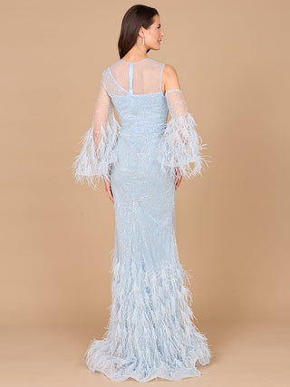 Cold Shoulder Mermaid Lace Gown with Feathers - OUTLET - By Baano