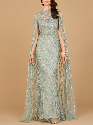 High Neck Gown with Long Cape Sleeves - By Baano