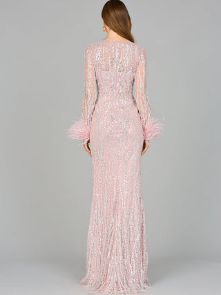 Long Sleeve Sheath Gown with Feathers - By Baano