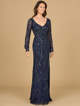 V-Neck Beaded Gown with Sleeves - By Baano