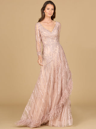Long Sleeve V-Neck Lace Gown with Feathers - By Baano