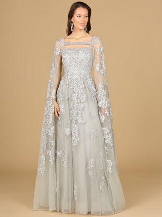Lace Embroidered Gown with Long Cape Sleeves - By Baano