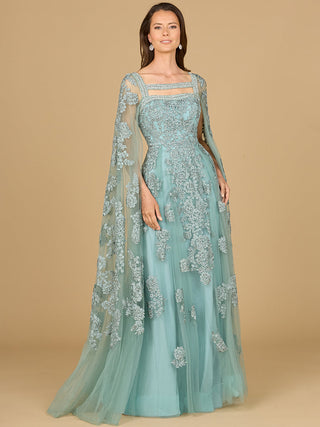Lace Embroidered Gown with Long Cape Sleeves - By Baano