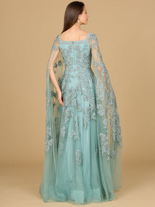 Lace Embroidered Gown with Long Cape Sleeves - By Baano