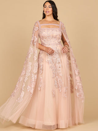 Lace Embroidered Gown with Long Cape Sleeves - By Baano