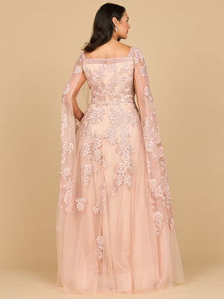 Lace Embroidered Gown with Long Cape Sleeves - By Baano