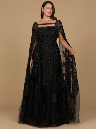 Lace Embroidered Gown with Long Cape Sleeves - By Baano