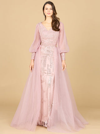 Long Sleeve Lace Gown with Removable Over Skirt - By Baano