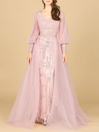 Long Sleeve Lace Gown with Removable Over Skirt - By Baano
