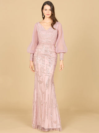 Long Sleeve Lace Gown with Removable Over Skirt - By Baano