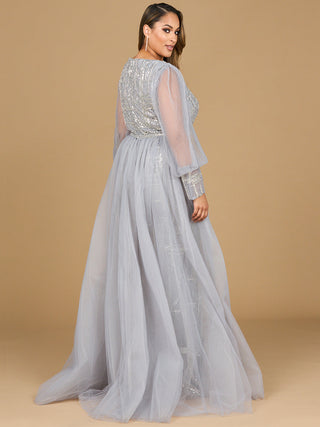 Long Sleeve Lace Gown with Removable Over Skirt - By Baano
