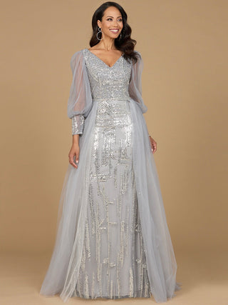 Long Sleeve Lace Gown with Removable Over Skirt - By Baano