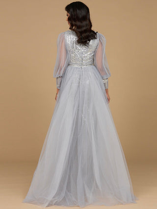 Long Sleeve Lace Gown with Removable Over Skirt - By Baano