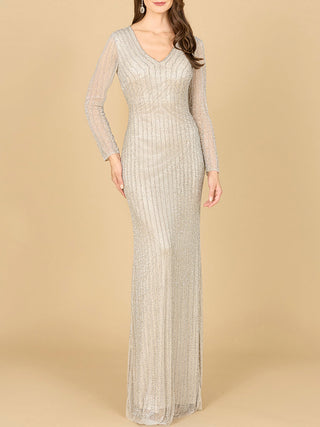 Classic V-Neck Beaded Long Sleeve Gown - By Baano