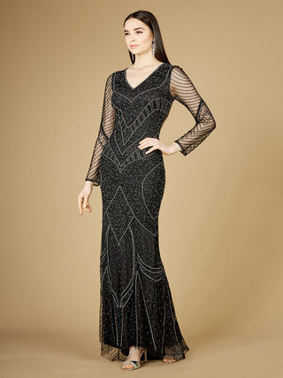 Long Sleeve Beaded Dresses with Sheer Sleeves - By Baano