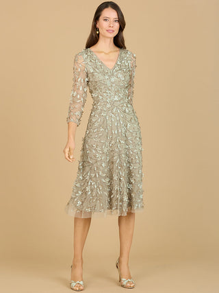 Flowing, 3D Embroidered Midi Dress with Sleeves - By Baano