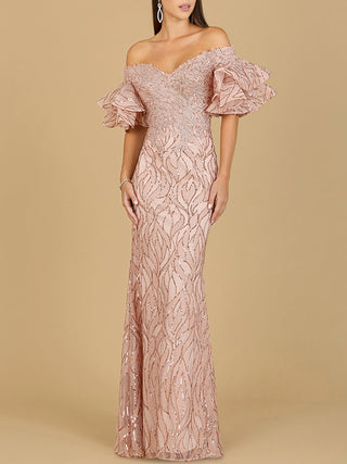 Off Shoulder Mermaid Beaded Gown with Tiered Sleeves Lara New York