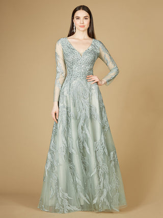 Long Sleeve Lace Ballgown with V-Neck - By Baano