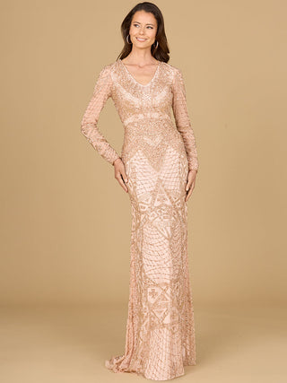 Beaded Long Sleeve V-neck Gown - By Baano