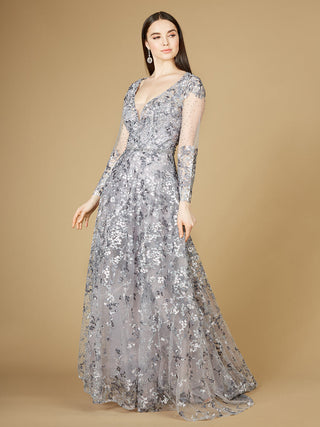 A-line Gown With Long Sleeves, V-Neckline - By Baano