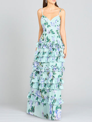 Ruffle Skirt Printed Gown with Spaghetti Straps - OUTLET - By Baano