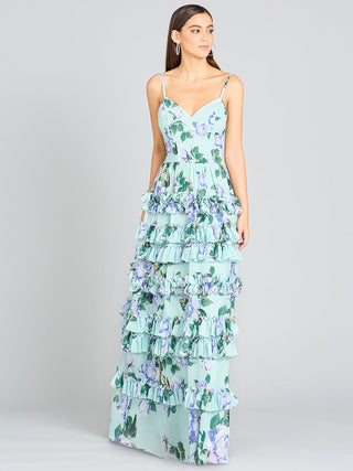 Ruffle Skirt Printed Gown with Spaghetti Straps - OUTLET - By Baano