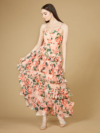 Ruffle Skirt Printed Gown with Spaghetti Straps - OUTLET - By Baano