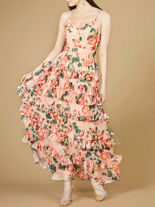 Ruffle Skirt Printed Gown with Spaghetti Straps - OUTLET - By Baano