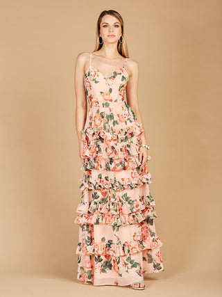 Ruffle Skirt Printed Gown with Spaghetti Straps - OUTLET - By Baano