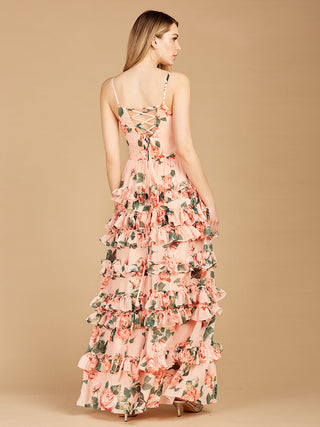 Ruffle Skirt Printed Gown with Spaghetti Straps - OUTLET - By Baano