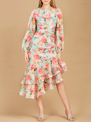 High Neck, Lace Up, Long Sleeve Printed Midi Dress - OUTLET - By Baano