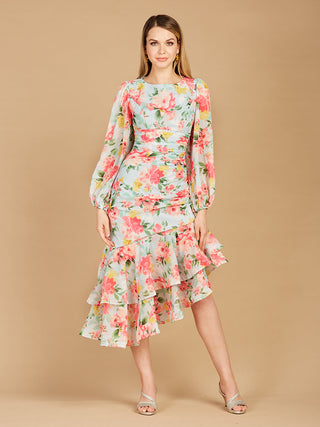 High Neck, Lace Up, Long Sleeve Printed Midi Dress - OUTLET - By Baano