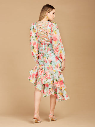 High Neck, Lace Up, Long Sleeve Printed Midi Dress - OUTLET - By Baano