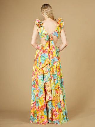 V-Neck Long Print Gown with Ruffled Straps - OUTLET - By Baano
