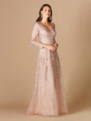 Long Sleeve V-Neck Lace Gown - By Baano