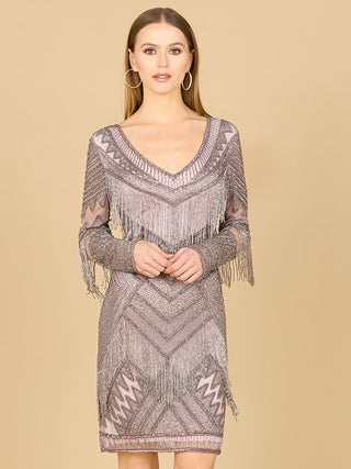 Long Sleeve Beaded V-Neck Fringe Cocktail Mini OUTLET - By Baano
