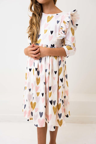 I Heart You 3/4 Sleeve Ruffle Twirl Dress