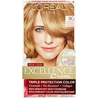 Excellence L'Oreal Paris Créme Permanent Triple Protection Hair Color, 8G Medium Golden Blonde, 1 Kit