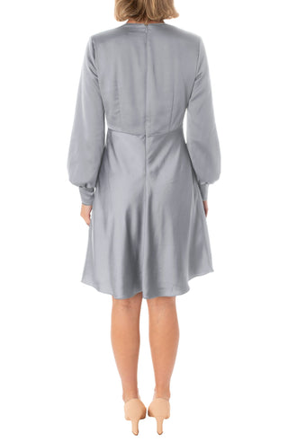 Taylor V - Neck High Waist Cuffed Sleeve Zipper Back A - Line Satin Dress - Glamourous Grace