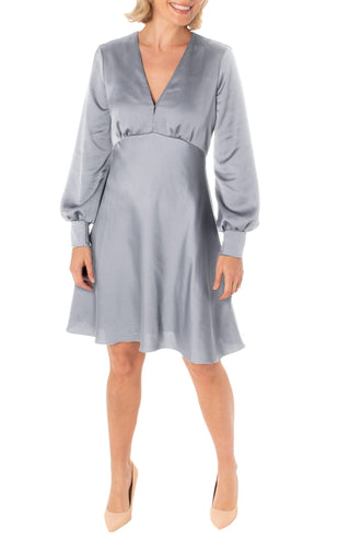 Taylor V - Neck High Waist Cuffed Sleeve Zipper Back A - Line Satin Dress - Glamourous Grace