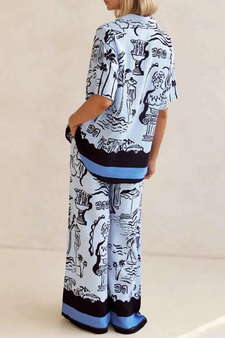 Printed Button Up Shirt and Pants Set Plus Size - By Baano