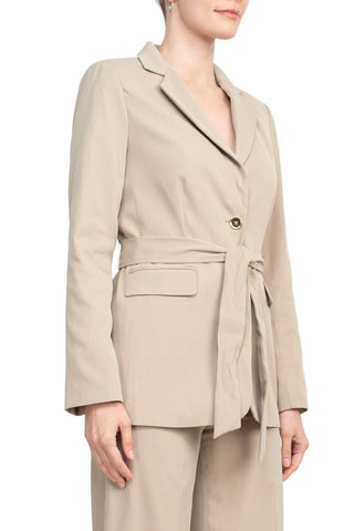Tahari ASL Shawl Collar Long Sleeves 2 Button Self Waist Tie Jacket With Matching Crepe Pants - Glamourous Grace