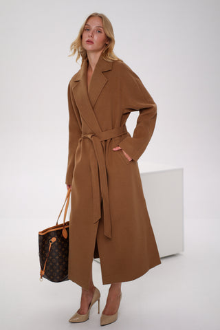 Cambridge Comfort Wraparound Wool Cashmere Coat in Dark Camel