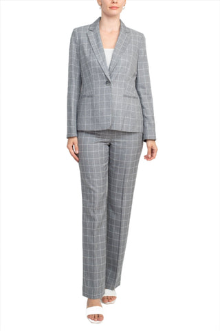 Le Suit Notched Collar 1 Button Tie Mélange Windowpane Jacket with Button Hook Zipper Closure Crepe Pants Suit (Two Piece Set) - Glamourous Grace