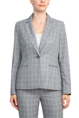 Le Suit Notched Collar 1 Button Tie Mélange Windowpane Jacket with Button Hook Zipper Closure Crepe Pants Suit (Two Piece Set) - Glamourous Grace