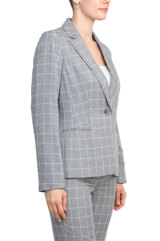 Le Suit Notched Collar 1 Button Tie Mélange Windowpane Jacket with Button Hook Zipper Closure Crepe Pants Suit (Two Piece Set) - Glamourous Grace