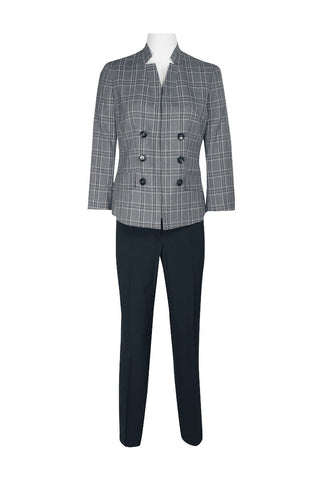 Le Suit Window Pane Pattern 6 Button Hook Closure Jacket with Button Hook Zipper Closure Crepe Pants Suit (Two Piece Set)