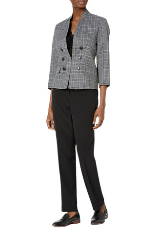 Le Suit Windowpane Pattern 6 Button Hook Closure Jacket with Button Hook Zipper Closure Crepe Pants Suit (Two Piece Set) - Glamourous Grace