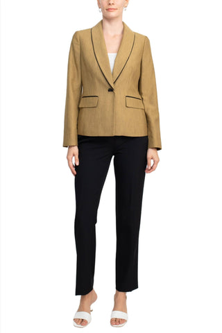 Le Suit Shawl Collar Long Sleeve Mini Herringbone Piping Detail Flap Pockets Jacket with Mid Waist Button Zipper Closure Pockets Slim Pants (Two Piece) - Glamourous Grace