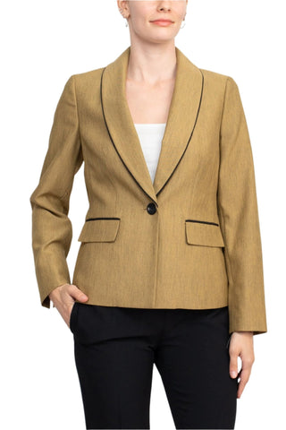 Le Suit Shawl Collar Long Sleeve Mini Herringbone Piping Detail Flap Pockets Jacket with Mid Waist Button Zipper Closure Pockets Slim Pants (Two Piece) - Glamourous Grace